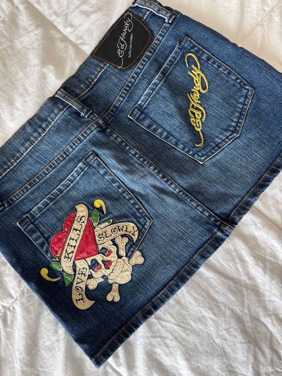 Christian Audigier Dresses & Skirts - Vintage Ed Hardy Denim Mini Skirt sz 29 Y2K Love Kills Slowly Graphic Distressed